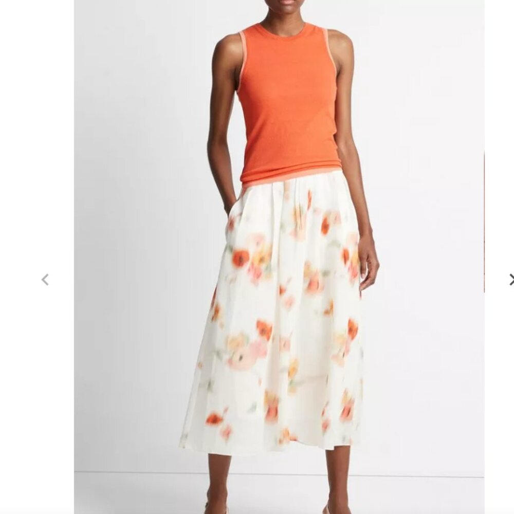 VINCE Poppy Blur Gathered Skirt - Orange/Cream - Excellent Condition - Sz Medium